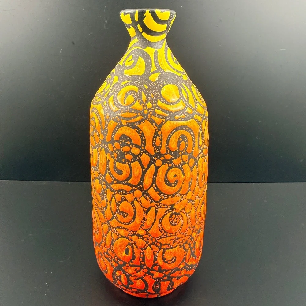 Alvino Bagni for Raymor Sgraffito Italian Pottery Vase Orange Yellow Mid Century